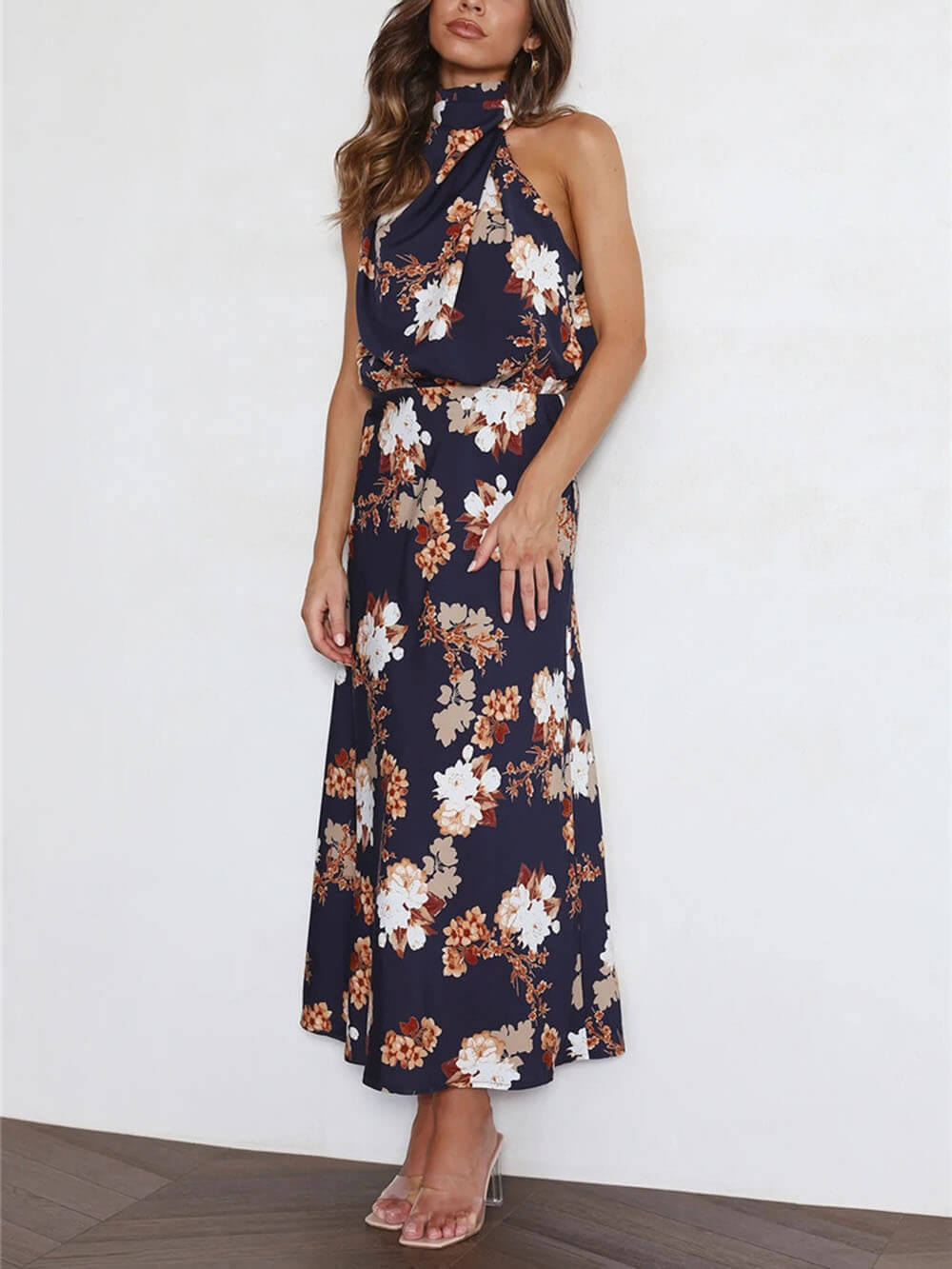 Amelia™ | Floral Halterneck Satin Dress