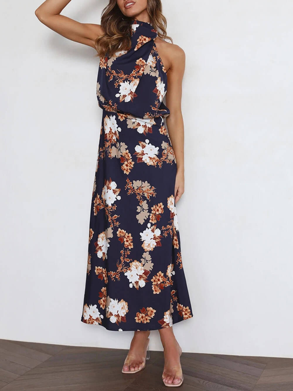 Amelia™ | Floral Halterneck Satin Dress