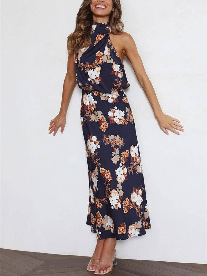 Amelia™ | Floral Halterneck Satin Dress
