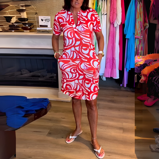 V-Neck Printed Dress – Short Sleeve, Lightweight, Summer Style