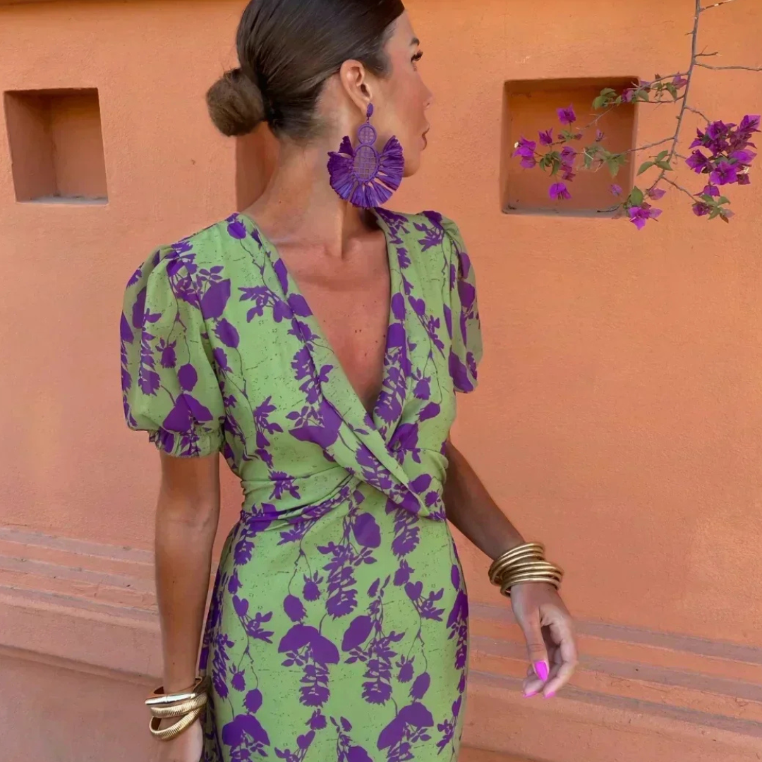 Sophisticated Summer Maxi Dress - Green/Purple Floral, Lightweight, Elegant Fit