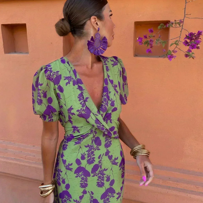Sophisticated Summer Maxi Dress - Green/Purple Floral, Lightweight, Elegant Fit