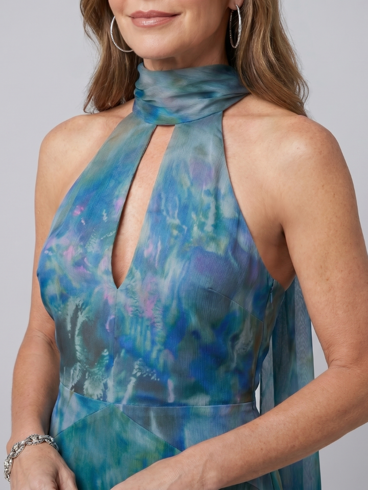 Celeste™ | Elegant Watercolour Halter Maxi Dress