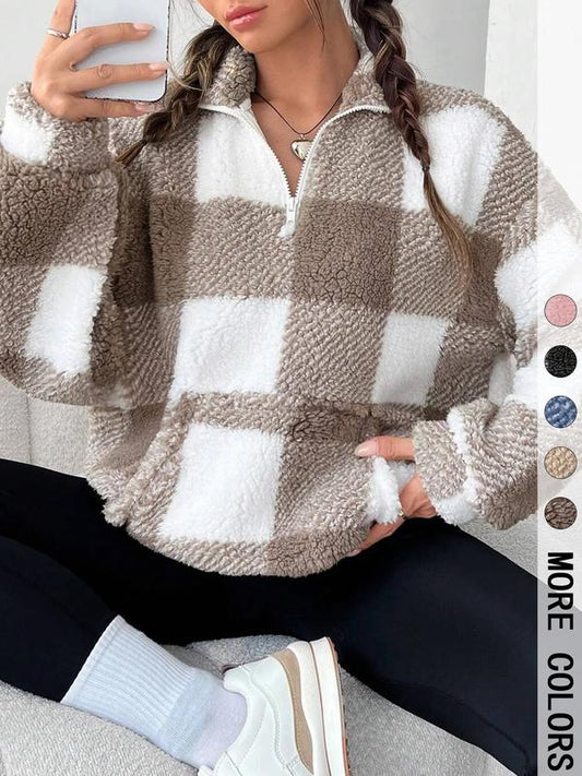 SAVANNAH - Stylish Plaid Print Half Zip Sweatshirt Casual Long Sleeve