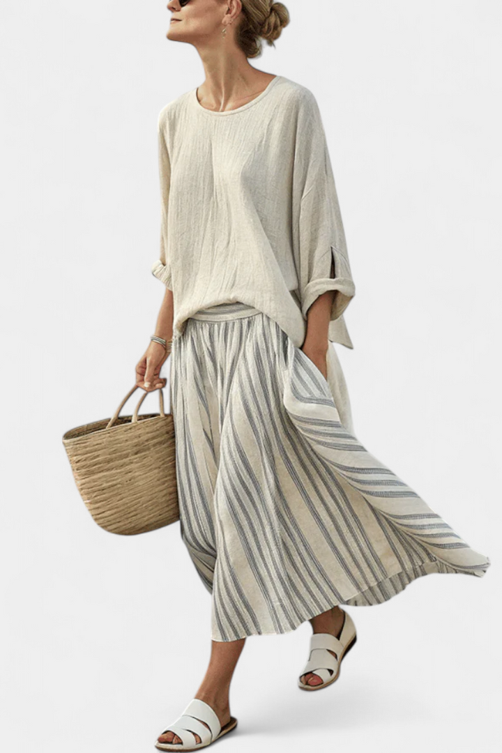 Aurora™ | Comfortable Blouse and Striped Midi Skirt