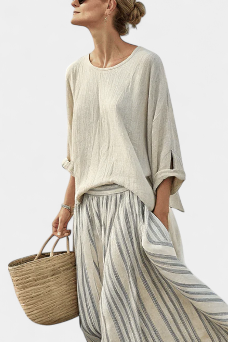 Aurora™ | Comfortable Blouse and Striped Midi Skirt
