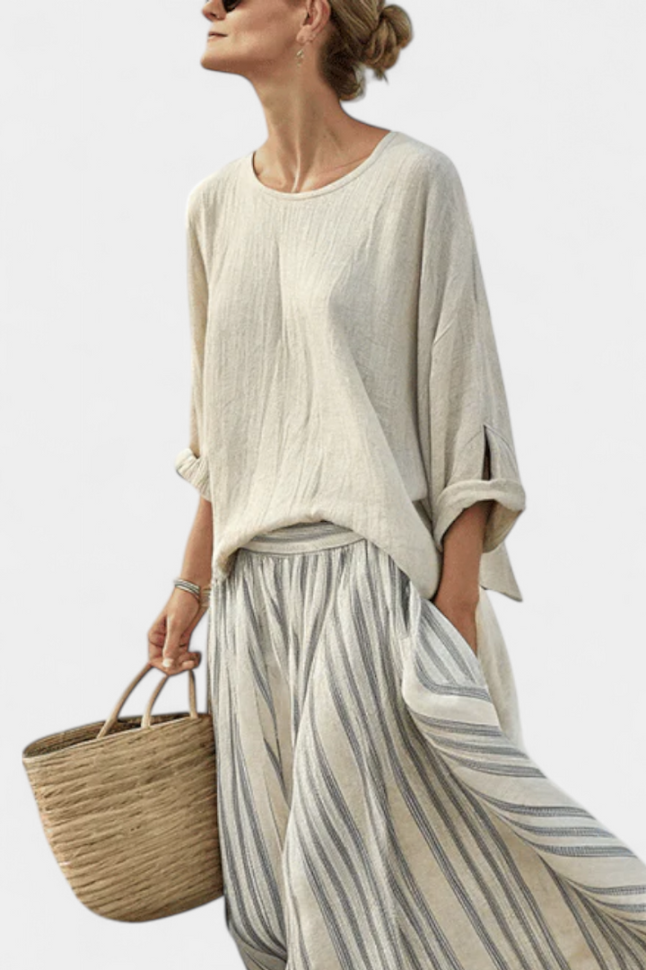 Aurora™ | Comfortable Blouse and Striped Midi Skirt