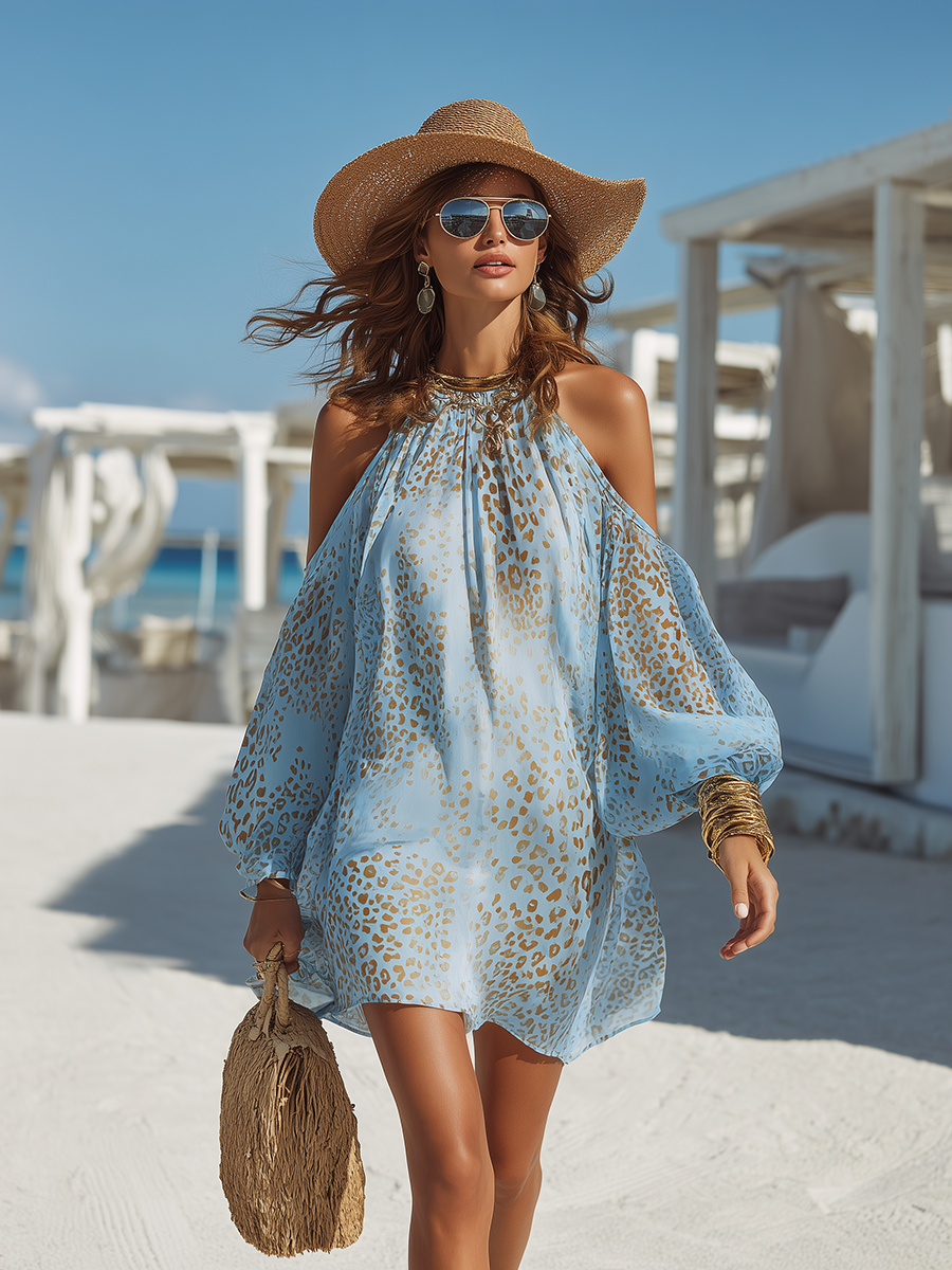 Romantic Bohemian Long-Sleeve Off-Shoulder Leopard Print Blue Chiffon Mini Dress by Lornbridge™