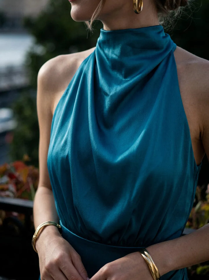 Elise™ | Turtleneck Sleeveless Waisted Slit Midi Satin Dress