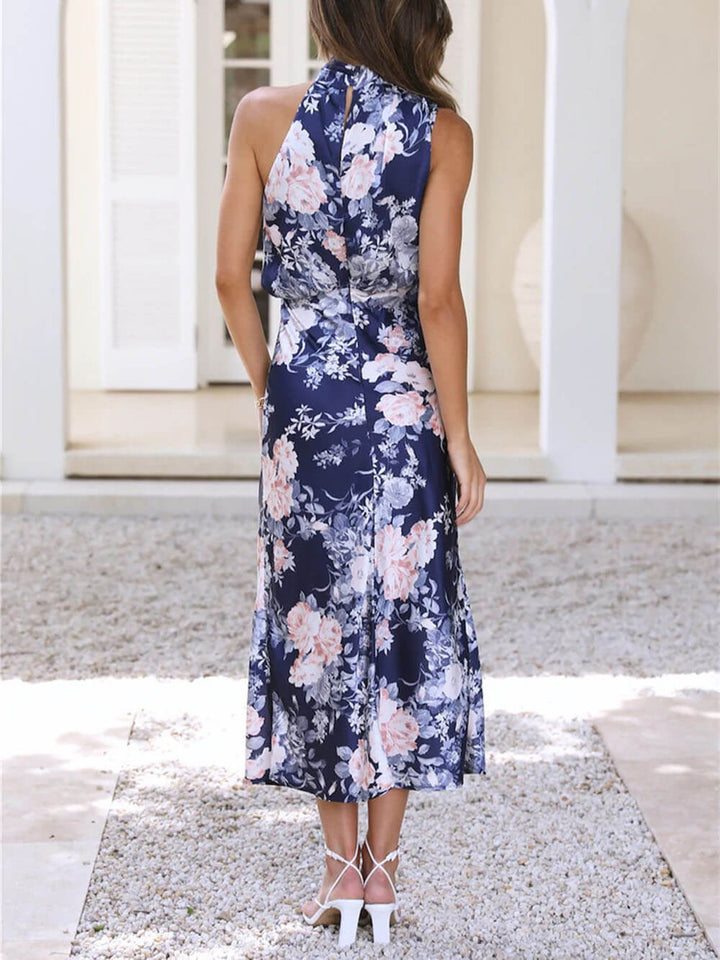 Amelia™ | Floral Halterneck Satin Dress