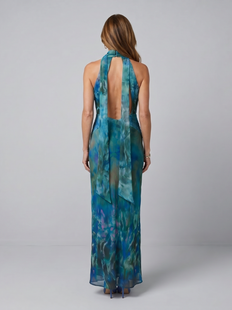 Celeste™ | Elegant Watercolour Halter Maxi Dress