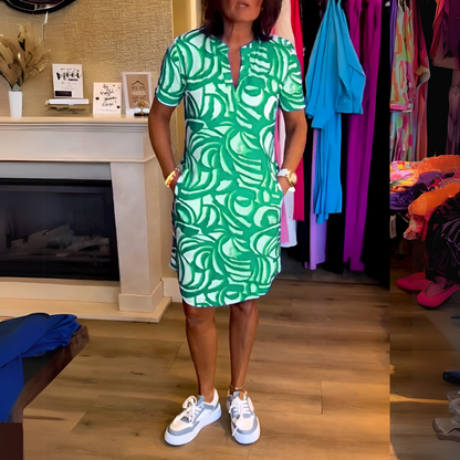 V-Neck Printed Dress – Short Sleeve, Lightweight, Summer Style