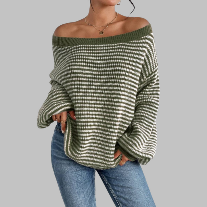 POSHIKO - Casual Striped Drop Shoulder Long Sleeve Sweater