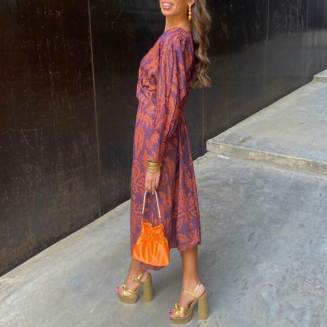Keira™ – Elegant Midi Dress with Waist Knot and Artistic Print