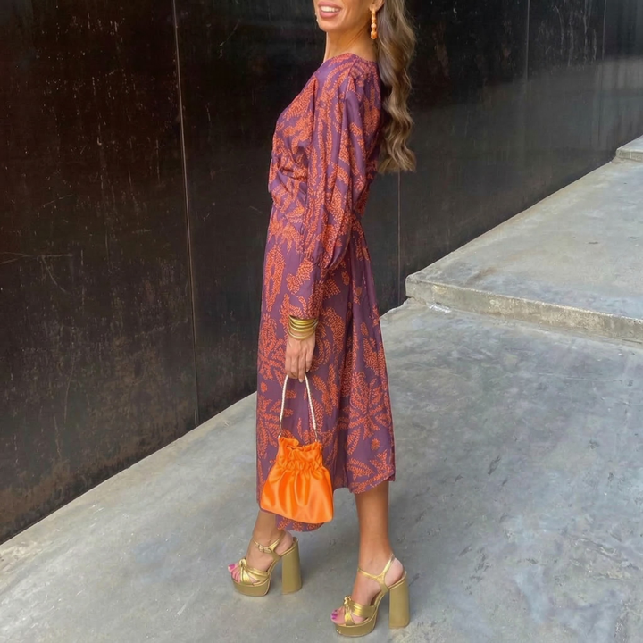 Keira™ – Elegant Midi Dress with Waist Knot and Artistic Print