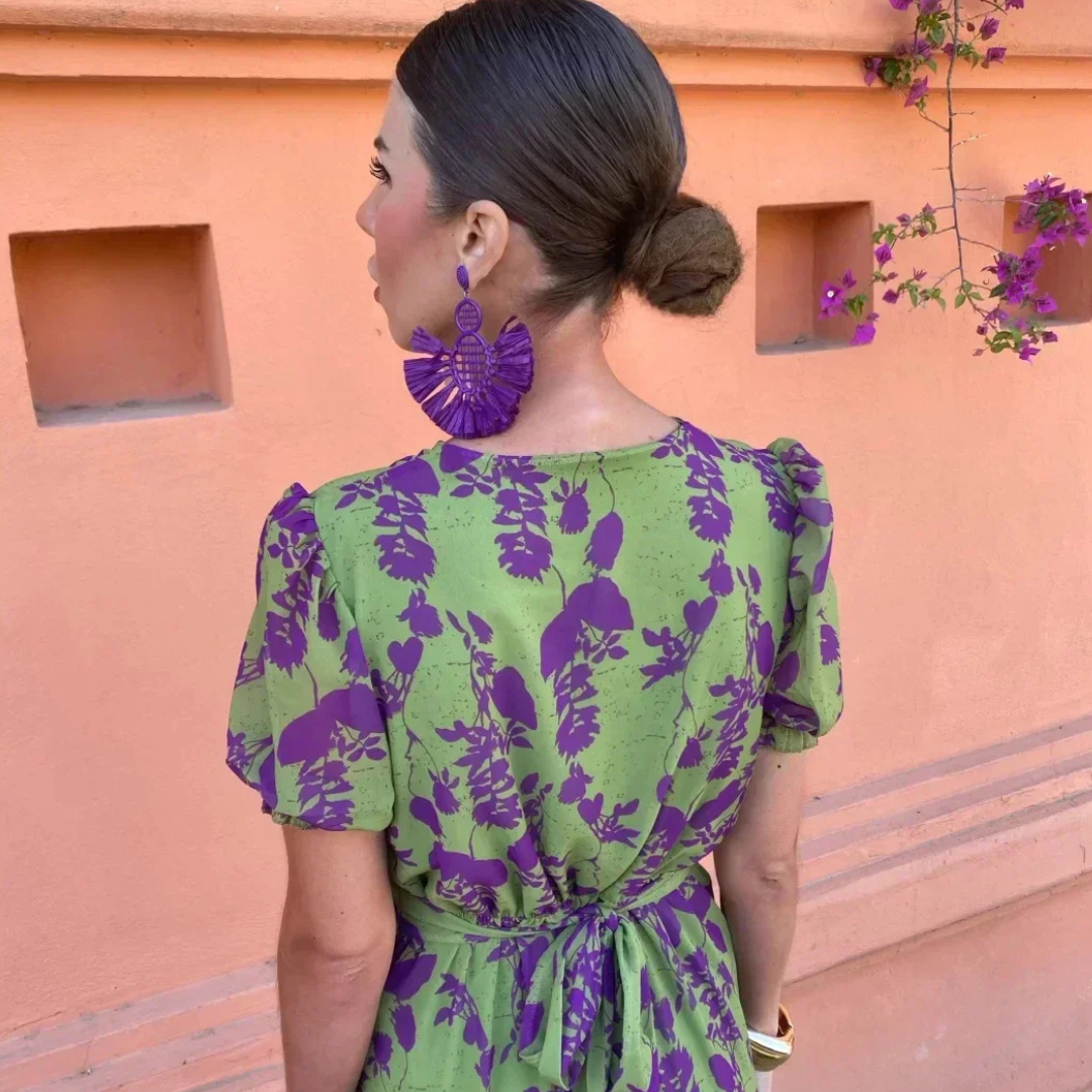 Sophisticated Summer Maxi Dress - Green/Purple Floral, Lightweight, Elegant Fit