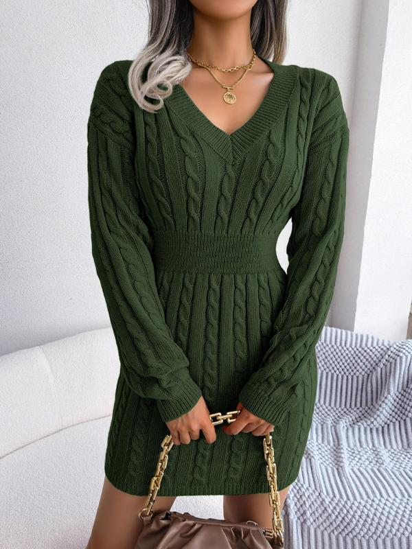 HOLLY - Cozy Long Sleeve V-Neck Cable Knit Sweater Dress