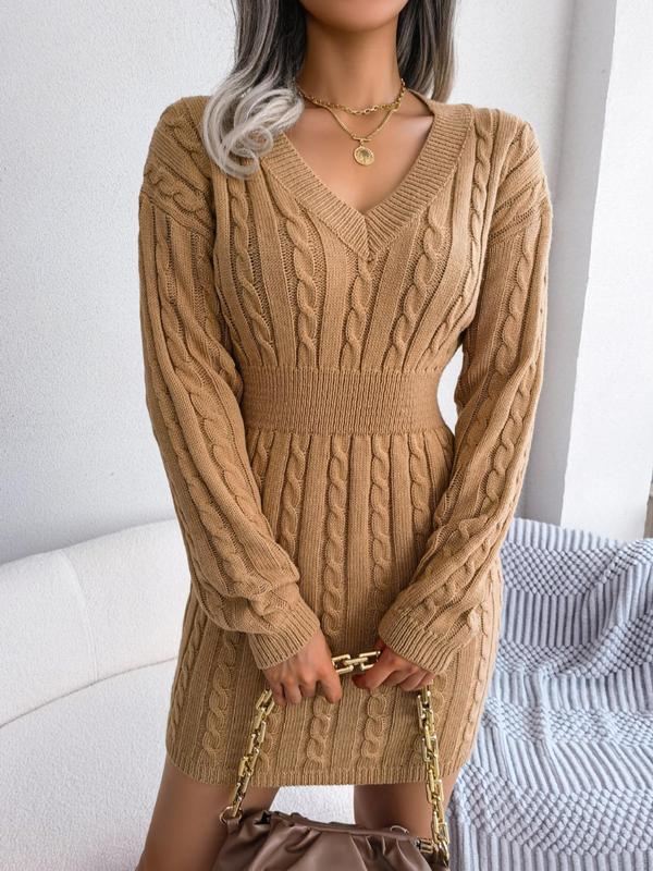 HOLLY - Cozy Long Sleeve V-Neck Cable Knit Sweater Dress