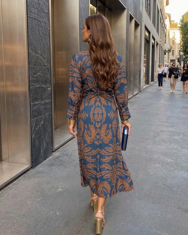 Keira™ – Elegant Midi Dress with Waist Knot and Artistic Print