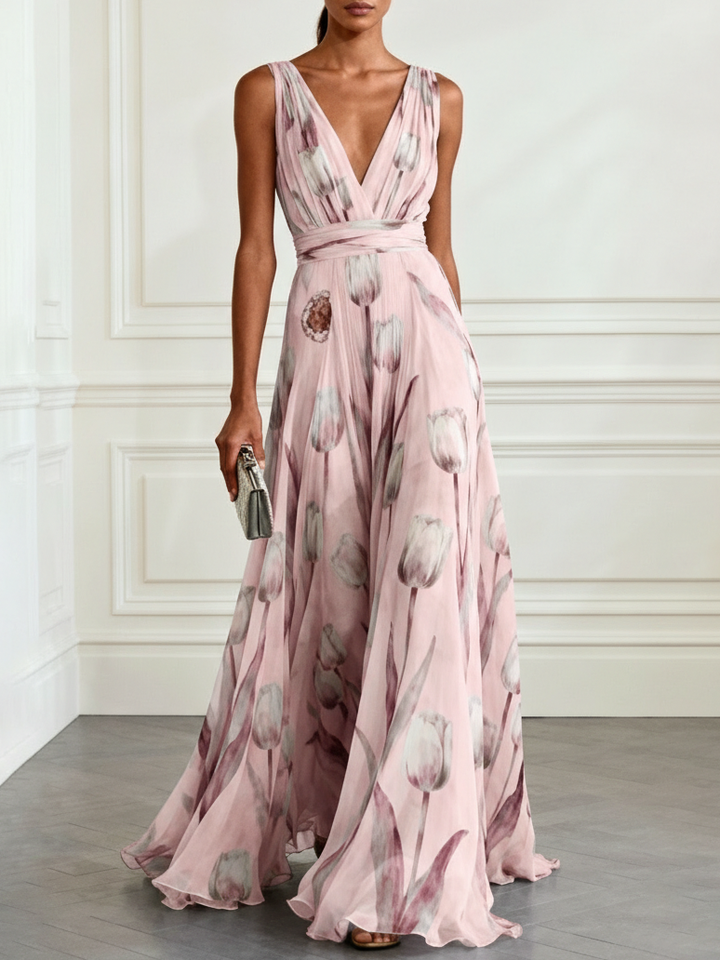 Edith™ - Elegant Tulip Print V-neck Maxi Dress