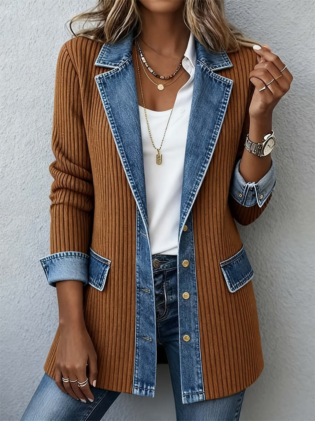 Jessica™ | Luxe Denim-Trim Knit Jacket