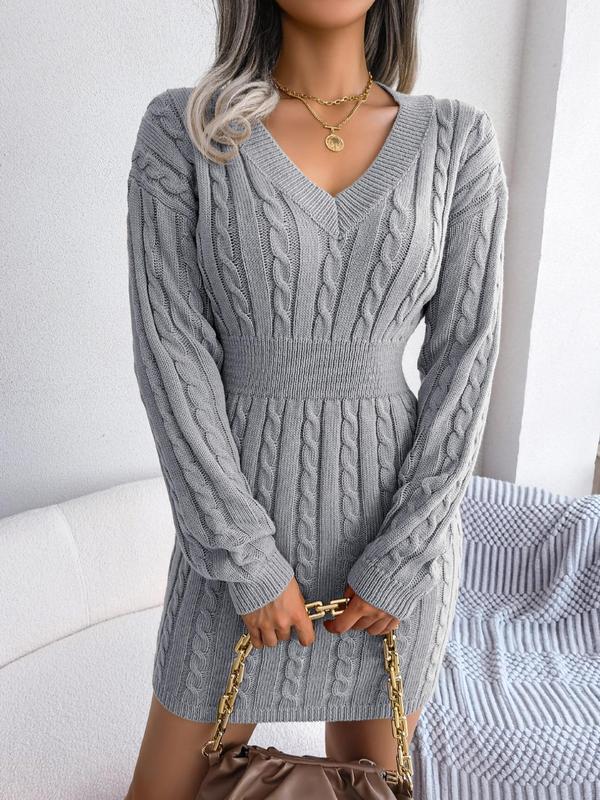 HOLLY - Cozy Long Sleeve V-Neck Cable Knit Sweater Dress