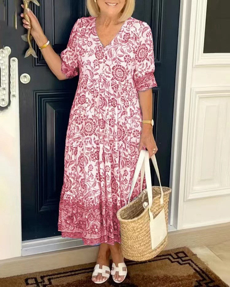 Rosalind™ | Graceful V-Neck Floral Dress