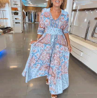 V-Neck 3/4 Sleeve Holiday Maxi Dress – Floral Print, Lightweight, Boho Style