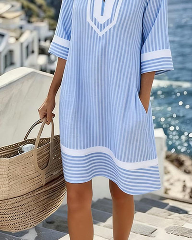 Mia™ Short Sleeve Striped Dress with V-Neck