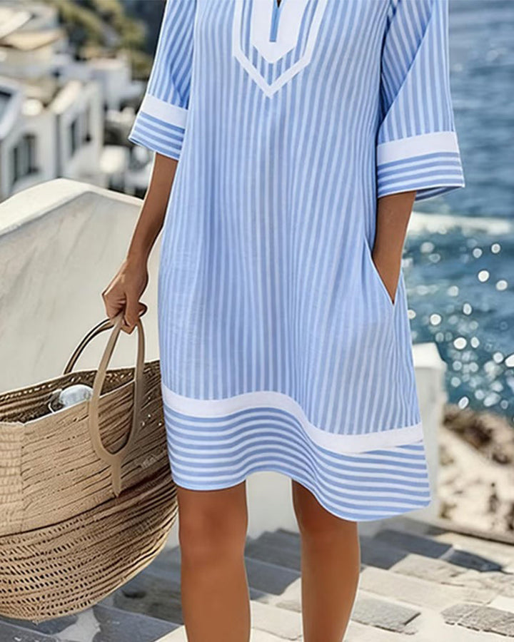 Mia™ Short Sleeve Striped Dress with V-Neck