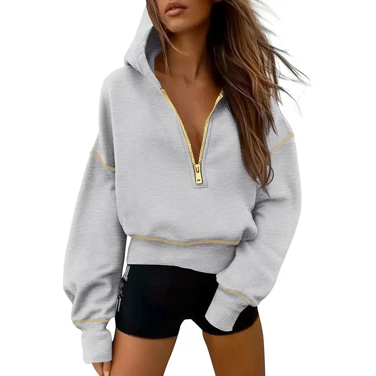 GRETEL - Stylish Hooded Sweatshirt with Zipper & Stitching Detail for Cropped Pullover