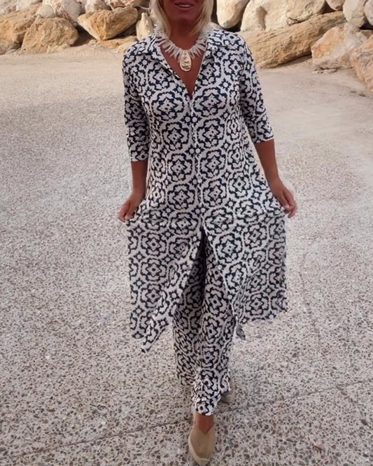 Vintage Printed Two-Piece Set with Lapel Collar and Button Details – Spring/Summer