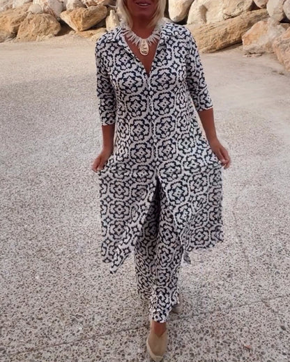 Vintage Printed Two-Piece Set with Lapel Collar and Button Details – Spring/Summer