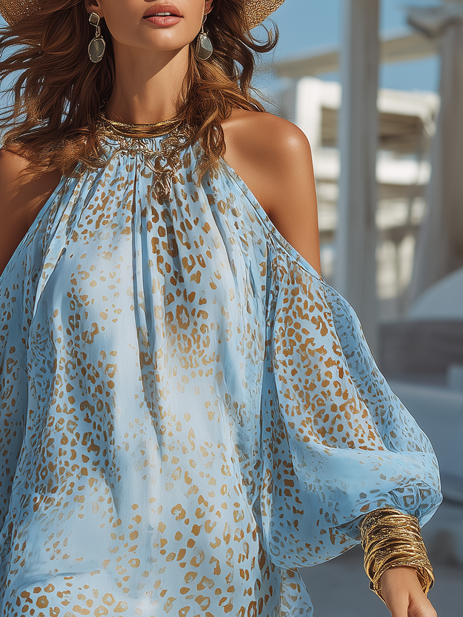 Romantic Bohemian Long-Sleeve Off-Shoulder Leopard Print Blue Chiffon Mini Dress by Lornbridge™