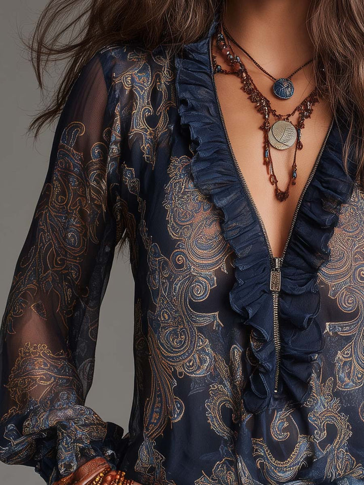 Isla | Ruffled Blouse with Baroque Paisley Print