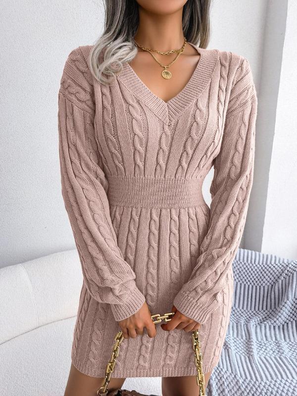 HOLLY - Cozy Long Sleeve V-Neck Cable Knit Sweater Dress