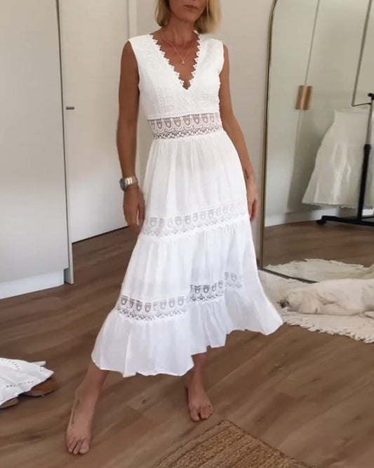 V-neck lace tank dress – sleeveless summer midi with airy lace detail