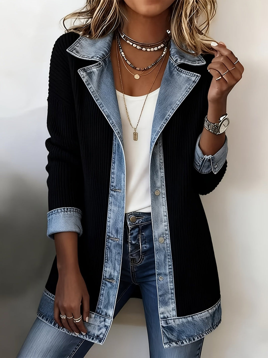 Jessica™ | Luxe Denim-Trim Knit Jacket