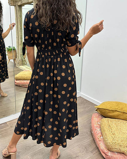Dotted Midi Dress with Deep V Neckline – Black/Brown, Lightweight, Summer Style