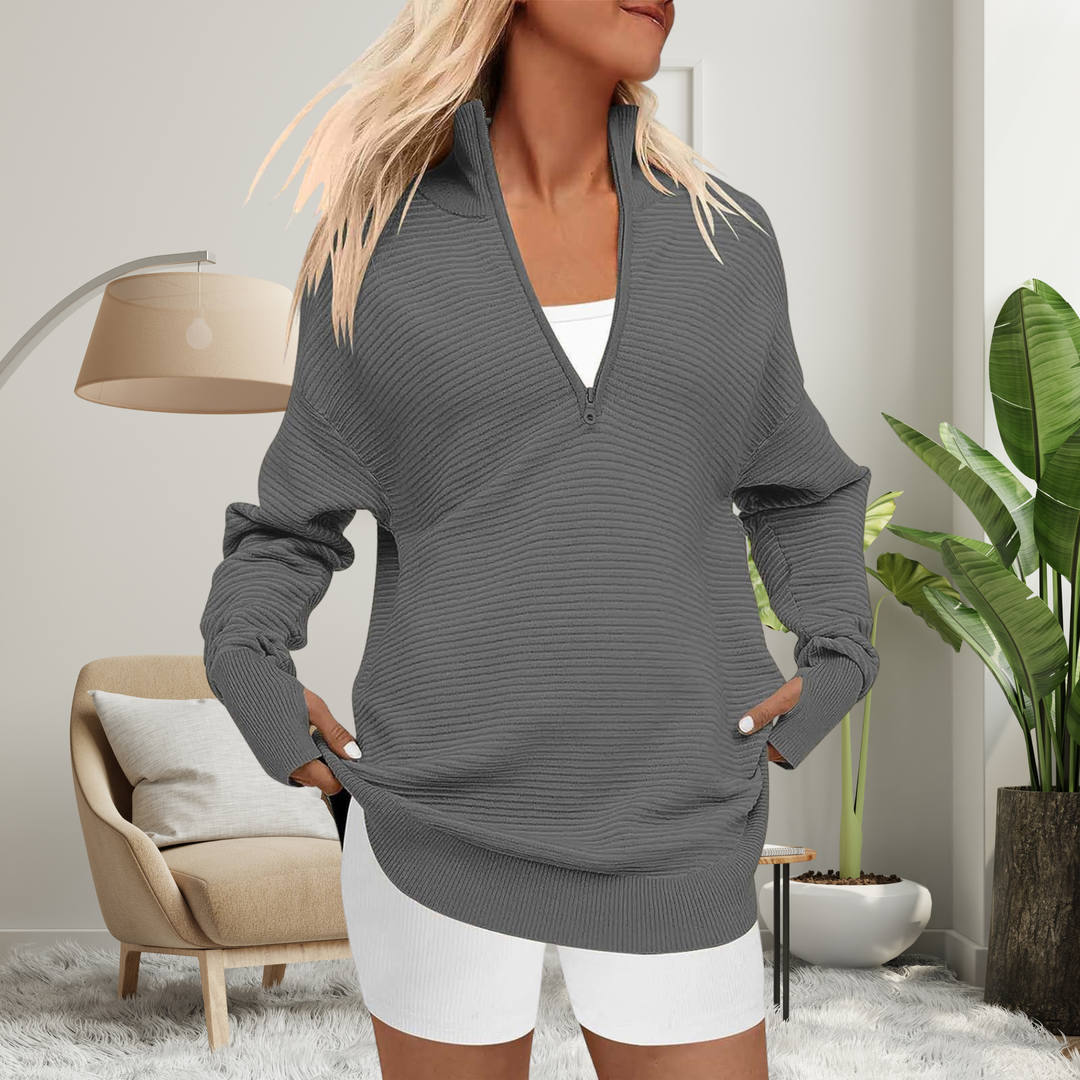 QUINN - Cozy Long Sleeve Quarter Zip Collared Pullover Sweater