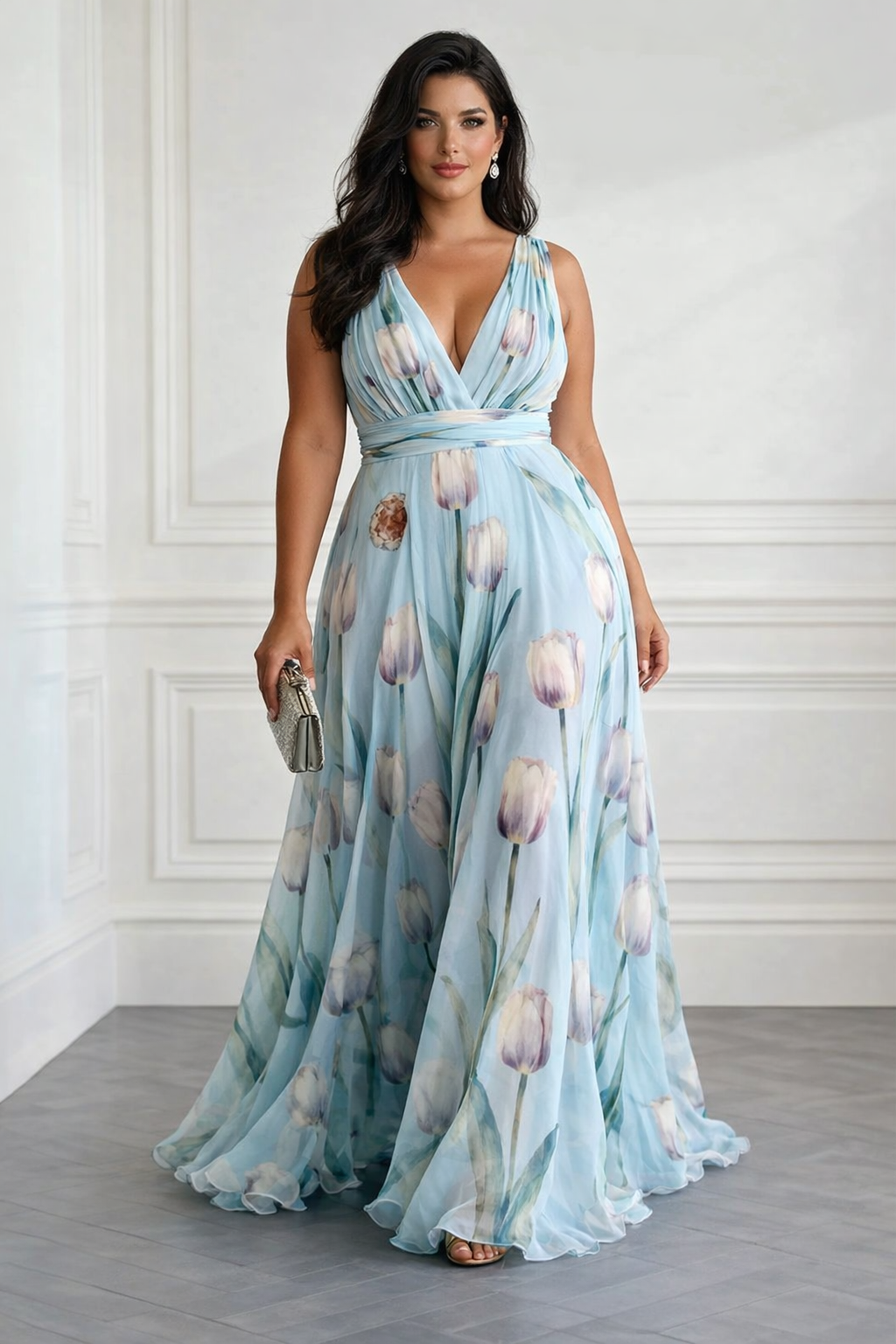 Edith™ - Elegant Tulip Print V-neck Maxi Dress