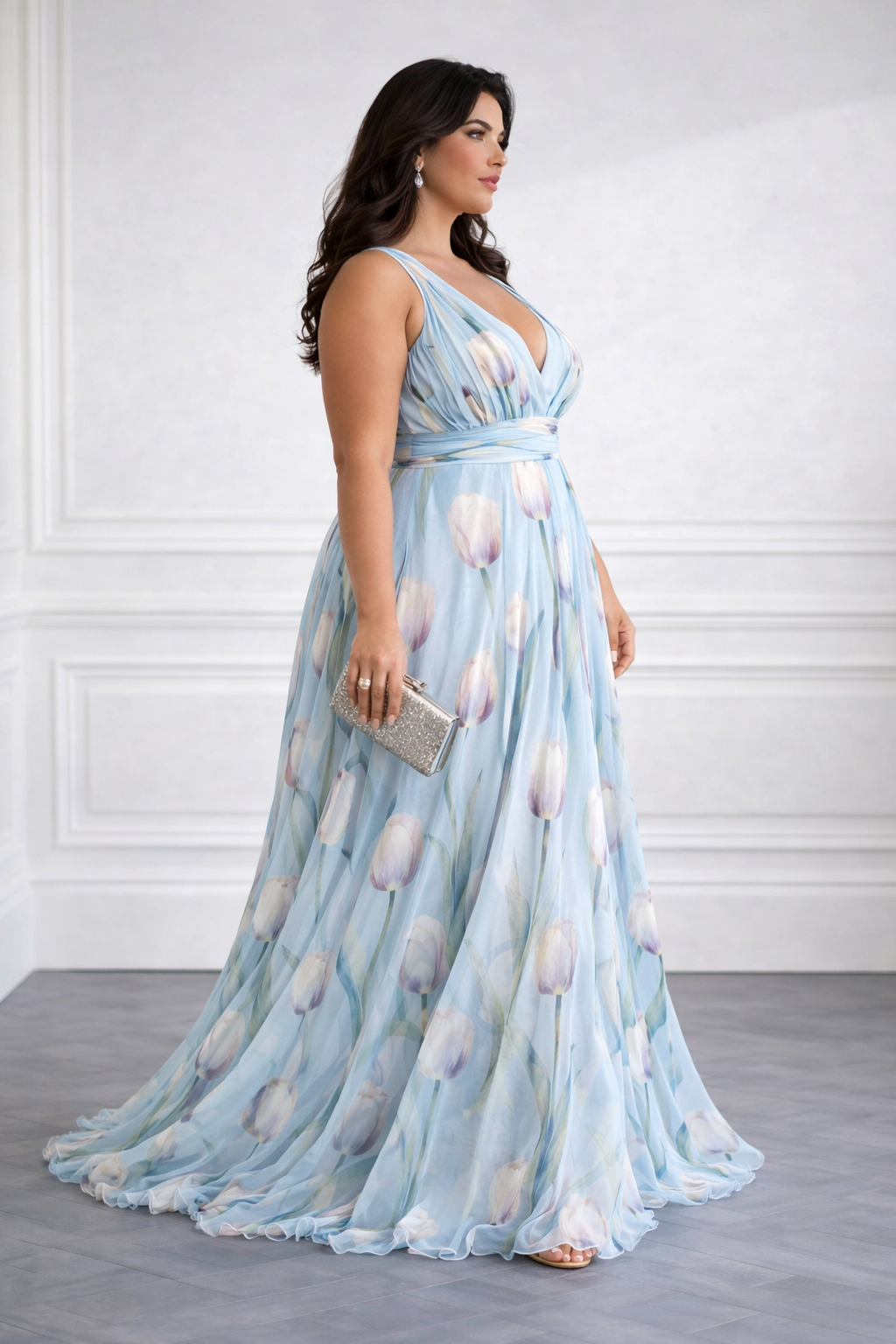 Edith™ - Elegant Tulip Print V-neck Maxi Dress