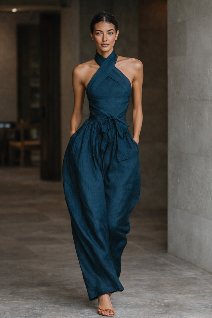 Emily™ - Navy Blue Linen Cross Halter Wide-Leg Jumpsuit