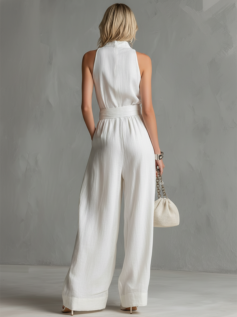 Hannah™ | Elegant Urban Belted White Cotton-Linen Sleeveless Wide-Leg Jumpsuit