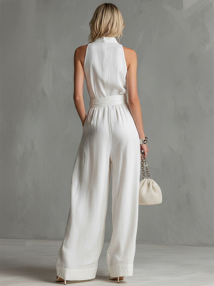 Hannah™ | Elegant Urban Belted White Cotton-Linen Sleeveless Wide-Leg Jumpsuit