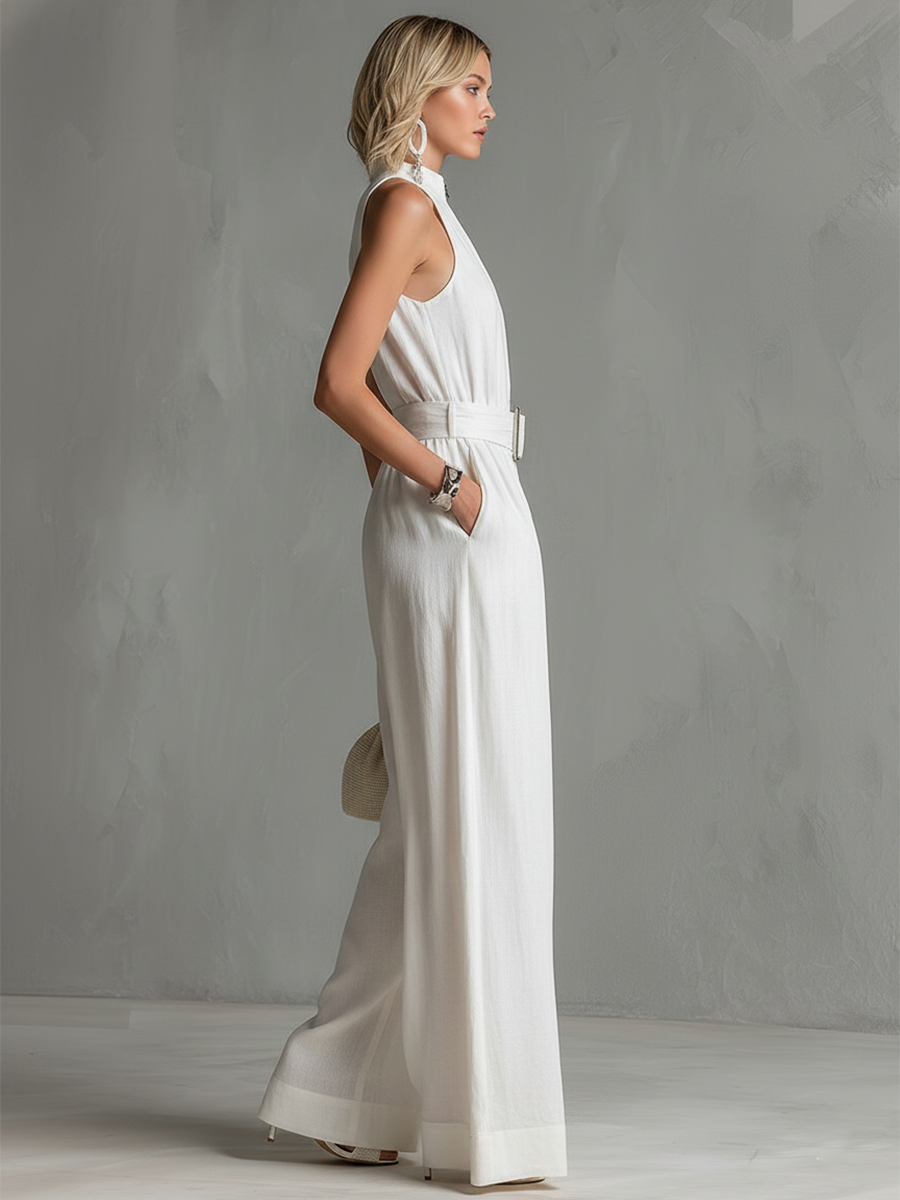 Hannah™ | Elegant Urban Belted White Cotton-Linen Sleeveless Wide-Leg Jumpsuit