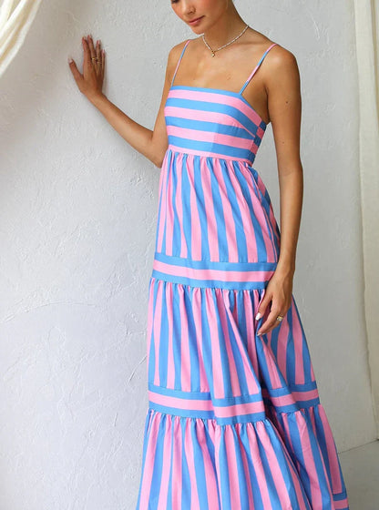 Striped Maxi Dress - Green/White - Sleeveless Summer Dress, Cotton Blend