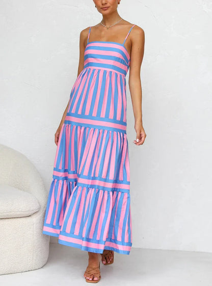 Striped Maxi Dress - Green/White - Sleeveless Summer Dress, Cotton Blend