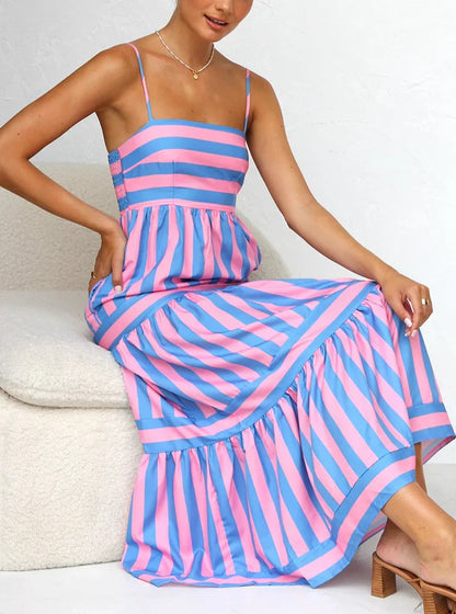 Striped Maxi Dress - Green/White - Sleeveless Summer Dress, Cotton Blend