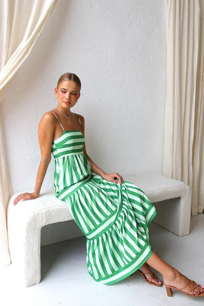 Striped Maxi Dress - Green/White - Sleeveless Summer Dress, Cotton Blend